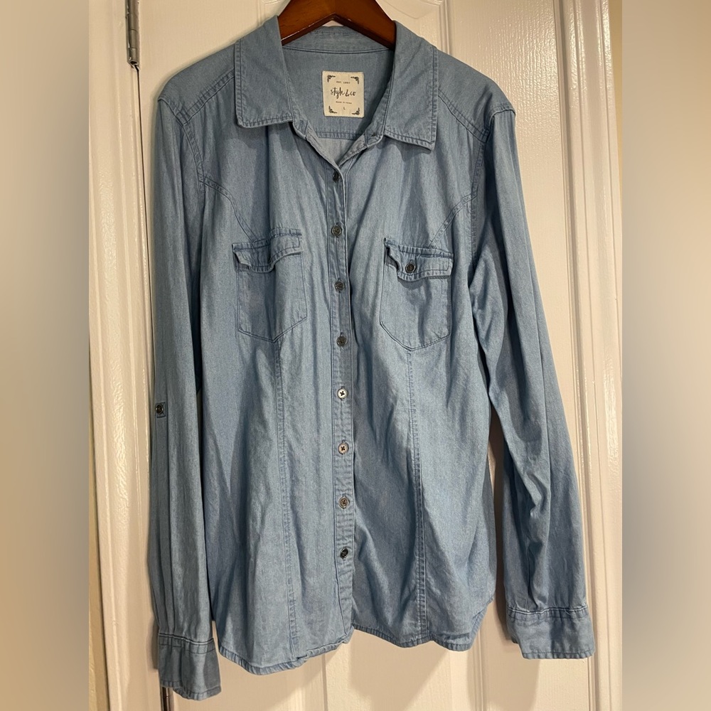 Style & Co Light Blue Denim Look with two-patch pockets and roll-tab sleeves